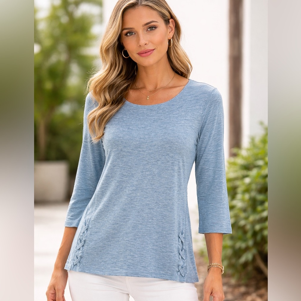 J. Jill Cotton Textured Crewneck Light Blue Turquoise Braided Detail Tunic Sz L